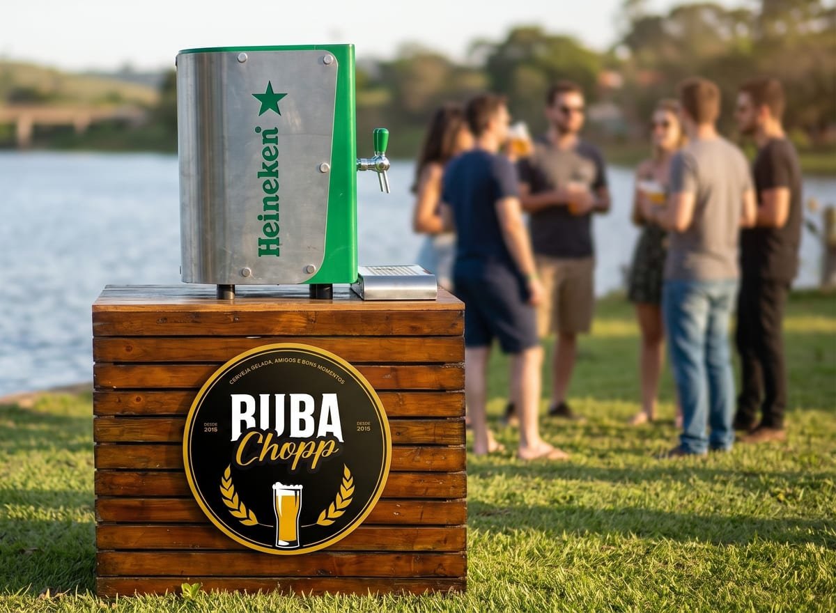 Chopeira Heineken da Buba Chopp sobre balcão de madeira com o selo da marca, em evento ao ar livre à beira de um lago, com convidados ao fundo